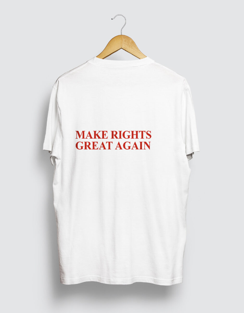 T-shirt Make Rights Great Again bianca con stampa rossa