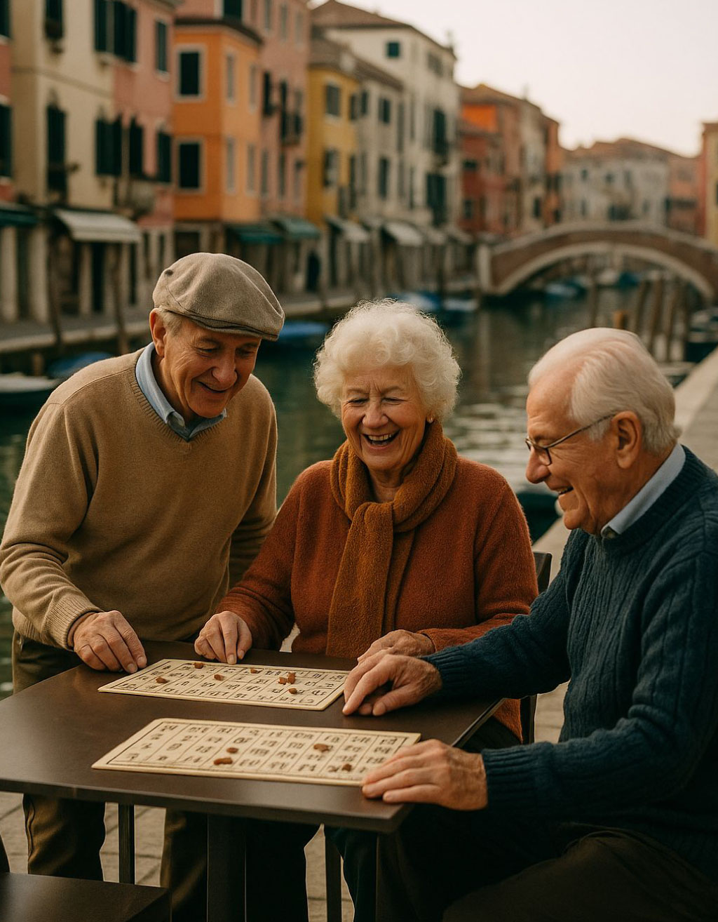 Tombola Ciosota – Giocatori a Chioggia Tre persone anziane giocano alla Tombola Ciosota sedute all’aperto lungo un canale di Chioggia.