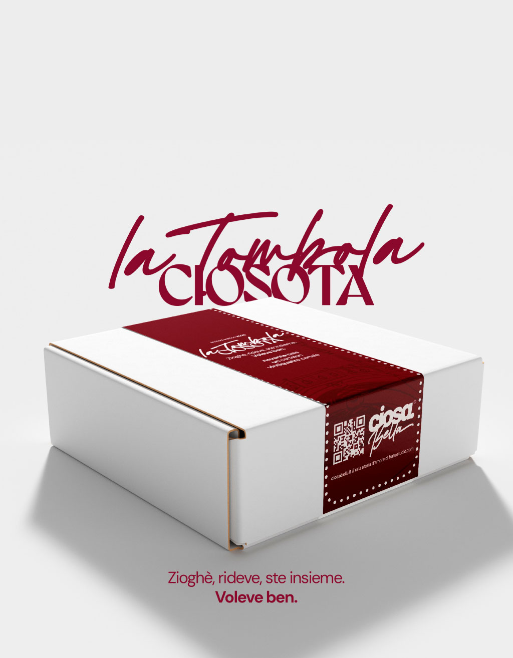 Tombola Ciosota – Scatola 2026 Scatola della Tombola Ciosota 2026 con fascetta bordeaux e slogan “Zioghè, rideve, ste insieme. Voleve ben.”